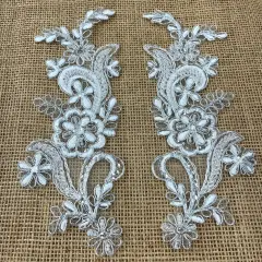 1 Pair Beaded & Corded Floral Lace Applique 9" x 2.5" Each Side White with Silver
