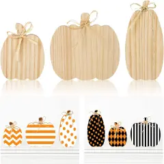 3Pcs Unfinished Pumpkin Wooden Cutout with Natural Raffia Pumpkin