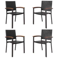 Costway Set of 4 Outdoor Patio PE Rattan Dining Chairs Armrest Stackable Garden