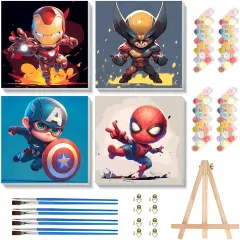 4 Pack Cartoon Paint by Numbers for Kids with Framed Canvas-with Wooden Easel, Paint by Number for Kids Ages 4-8-12, DIY Easy Acrylic Oil Painting Kits for Home Wall Decor (8X8inch)