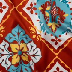 1 Yard Turquoise, Rust Red & Golden Yellow Fancy Floral Tiles Silk Charmeuse 16MM, 53" Wide