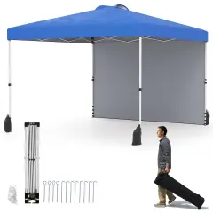 10 X 10 FT Pop up Canopy Tent with 1 Sidewall and Wheeled Bag Blue