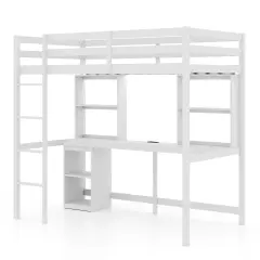 White Loft Bed with Built-in Desk LED Lighting USB and Type-C Charging Ports for Bedroom Dorms or Apartments