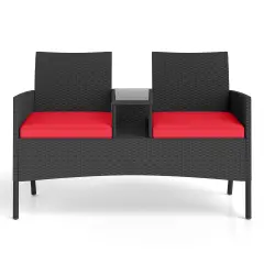 Black PE Rattan Loveseat with Cushions, Built-In Coffee Table and 2-Tier Storage Red