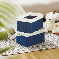 2 Pieces Closet Storage Bins with Handles, Fabric Containers for Organizing, Toys Organizer for Nursery, Storage Baskets for Clothes, Folding Storage Box, Large, Blue&White,