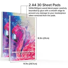 2 Pack Watercolor Paper Pad- A4 8.3x11.7" - 60 Sheets Total (140lb/ 300gsm) - Cold Press Acid Free Art Sketchbook Pad for Painting & Drawing, Wet, Mixed Media