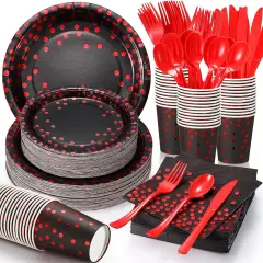 560 Pcs Black and Red Party Supplies for 80 Guests - Disposable Dinnerware Set with Black and Red Paper Plates, Napkins, Cups, Plastic Forks, Knives and Spoons