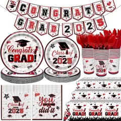 Red and Black Graduation Decorations 2025 Graduation Plates and Napkins 2025 Congrats Grad Banner 2025 Party Supplies Grad Party Decorations 2025