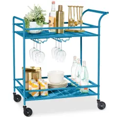 Best Choice Products 2-Tier Rolling Bar Cart Indoor/Outdoor w/ Storage Shelves, Wine Rack, Lockable Wheels Peacock
