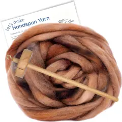 LEARN TO SPIN - Beginner's Spinning Kit with Hand Dyed BFL Roving, Drop Spindle & Printed Instructions w/ Video. Many Colors. Light Brown