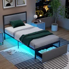 Grey Metal Slats Platform Bed Frame with LED Lights and Drawer