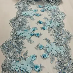 3 Yard Sequin 3D Lace Fabric 33cm Wide Polyester Embroidered Mesh with Pearls & Scalloped Edge Baby Blue