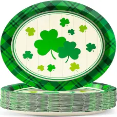 50 Pcs St. Patrick&rsquo;s Day Party Oval Paper Plates 11inch Large Green Shamrocks Platters, Wood Grain Dish Tray for Irish Party Supplies St. Patrick&rsquo;s Day Party Decor Dinner Party Tableware