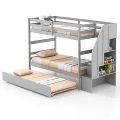 Twin Bunk Bed with Guard Rail and 4-Step Storage Stairs No Box Spring Needed Grey