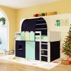 Twin Size Playhouse Loft Bed Frame with Tower Tent and 3 Storage Pockets for Kids Navy