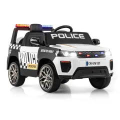 12V Electric Kids Ride-On Police Car with Remote, Siren, and Flashing Lights White