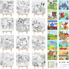 12 Sets Pre Drawn Canvas to Paint Kid Adult Stretched Coloring Painting Canvas Panels with Design Easel and Brushes