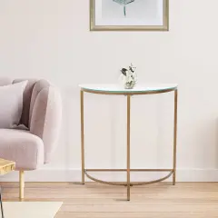 D-Shaped Console Table with Glass Top and Golden Base | Elegant & Modern Entryway Table | Sturdy Metal Frame | Space-Saving Design | Perfect for Living Room, Hallway, Office & Home D&eacute;cor