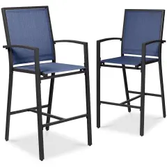 Best Choice Products Outdoor Barstools Set of 2, Bar Height Patio Chairs w/ All-Weather Mesh Black/Navy