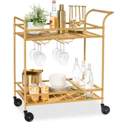 Best Choice Products 2-Tier Rolling Bar Cart Indoor/Outdoor w/ Storage Shelves, Wine Rack, Lockable Wheels Gold