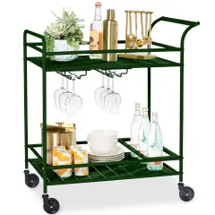 Best Choice Products 2-Tier Rolling Bar Cart Indoor/Outdoor w/ Storage Shelves, Wine Rack, Lockable Wheels Deep Green