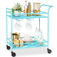 Best Choice Products 2-Tier Rolling Bar Cart Indoor/Outdoor w/ Storage Shelves, Wine Rack, Lockable Wheels Teal