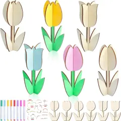 24 Pack Wood Tulips to Paint, DIY Wooden Tulips Flowers Craft Kits with Decorate Tools Spring Summer Centerpieces Craft Ornaments for Home DIY Craft Party Favors Tiered Tray Decorations