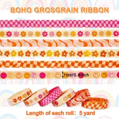 6 Rolls Retro Groovy Ribbon 30 Yards 0.4 Inch Boho Daisy Checkered Face Grosgrain Ribbon Vintage Boho Fabric Craft Ribbon for Wreath Bow Making Gift Wrapping Decor DIY Crafts