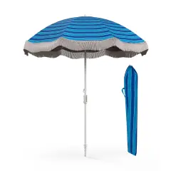 6.5 FT Beach Umbrella with Fringe, Outdoor Tassel Design, Push Button Tilt, UV Protection Navy