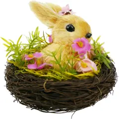 Adorable Handcrafted Easter Straw Bunny in Nest with Floral Grass, Exquisite Easter Handicrafts for Home Decor,Office Decor, Garden Decor
