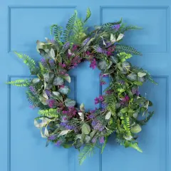 Northlight Lavender and Mixed Foliage Artificial Floral Spring Wreath, Purple and Green - 22-Inch