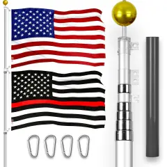 G128 Combo Pack: 20 Ft Telescoping Aluminum Flagpole (Silver) & American and Thin Red Line Flags 3x5 Ft, Both ToughWeave Series Embroidered Polyester | Pole with Flags Included