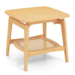 Wicker Sofa Side Table with Faux Rattan Storage Shelf-Natural