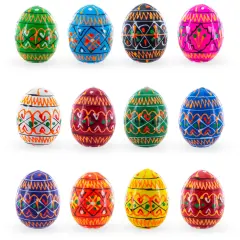 Set of 12 Mini Geometric Ukrainian Pysanky Wooden Easter Eggs 1.6 Inches