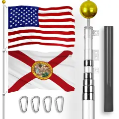 G128 Combo Pack: 20 Ft Telescoping Aluminum Flagpole (Silver) & American and Florida Flags 3x5 Ft, Both ToughWeave Series Embroidered Polyester | Pole with Flags Included
