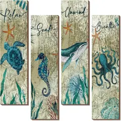 4 Pieces Summer Beach Bathroom Decor Wall Sign Ocean Decor Sea Turtle Wall Art