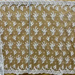 1 Yard Corded Bridal Lace Fabric Embroidered on 100% Polyester Net Mesh 53" Width White
