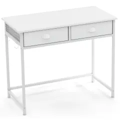 Space Saving Home Office Desk with 2 Fabric Drawers and 4 Hanging Hooks White