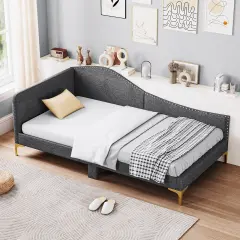 Full/Twin Size Rivet-Tufted Platform Bed with Metal Legs and Wood Slats-Full Size