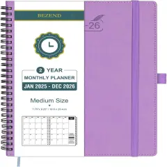 2 Year Monthly Planner 2025-2026 Medium Size 7" x 9" (Jan 2025 - Dec 2026) Spiral Calendar Book with Tabs, 120 GSM Thick Paper, Storage Pockets & Notes, PU Leather Softcover in Lavender