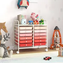 12 Removable Drawers Rolling Storage Cart with 4 Universal Wheels and Metal Frame Pink