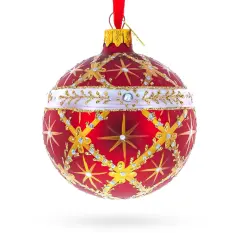Diamond Trellis on Red Glass Ball Christmas Ornament 3.25 Inches
