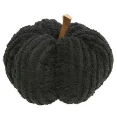 Black Chenille Plush Pumpkin with Ribbed Detailing and Stick Stem Soft Freestanding Decor