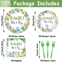 100Pcs Dinosaur Baby Shower Party Decorations for Boy Dino Paper Plates,Serves 25