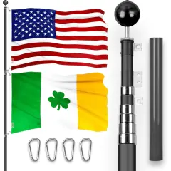 G128 Combo Pack: 20 Ft Telescoping Aluminum Flagpole (Black) & American and Ireland Shamrock Flags 3x5 Ft, Both ToughWeave Series Embroidered Polyester | Pole with Flags Included