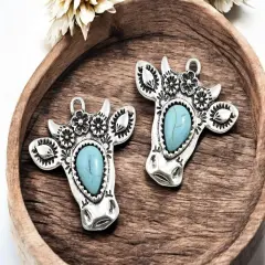 *5* 41x38mm Antique Silver w/Turquoise Boho Floral Cow Head Pendants