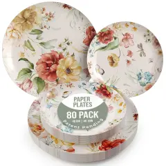 Earthtrends Heavy Duty Paper Plates for parties &ndash; Includes 8-Inch Paper Dessert Plates and 10-Inch Paper Dinner Plates &ndash; Disposable Floral Paper Plates for Parties, Weddings, Events, BBQs, Birthdays, Catering, Holidays &ndash; Elegant Tableware Set Aviv 80