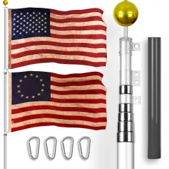 G128 Combo Pack: 20 Ft Telescoping Aluminum Flagpole (Silver) & American and Betsy Ross Tea Stained Flags 3x5 Ft, Both ToughWeave Series Embroidered Polyester | Pole with Flags Included