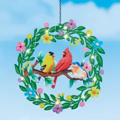 Collections Etc Solar Powered Birds in Wreath Hanging Garden Mobile