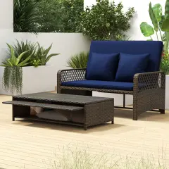 Patio Loveseat and Ottoman Set with 4-level Adjustable Backrest and Storage Area Navy